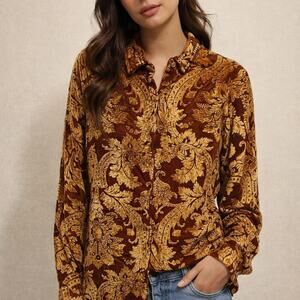 Vintage Soft Surroundings Women's Button Down Top Brown and Gold Paisley Velvet